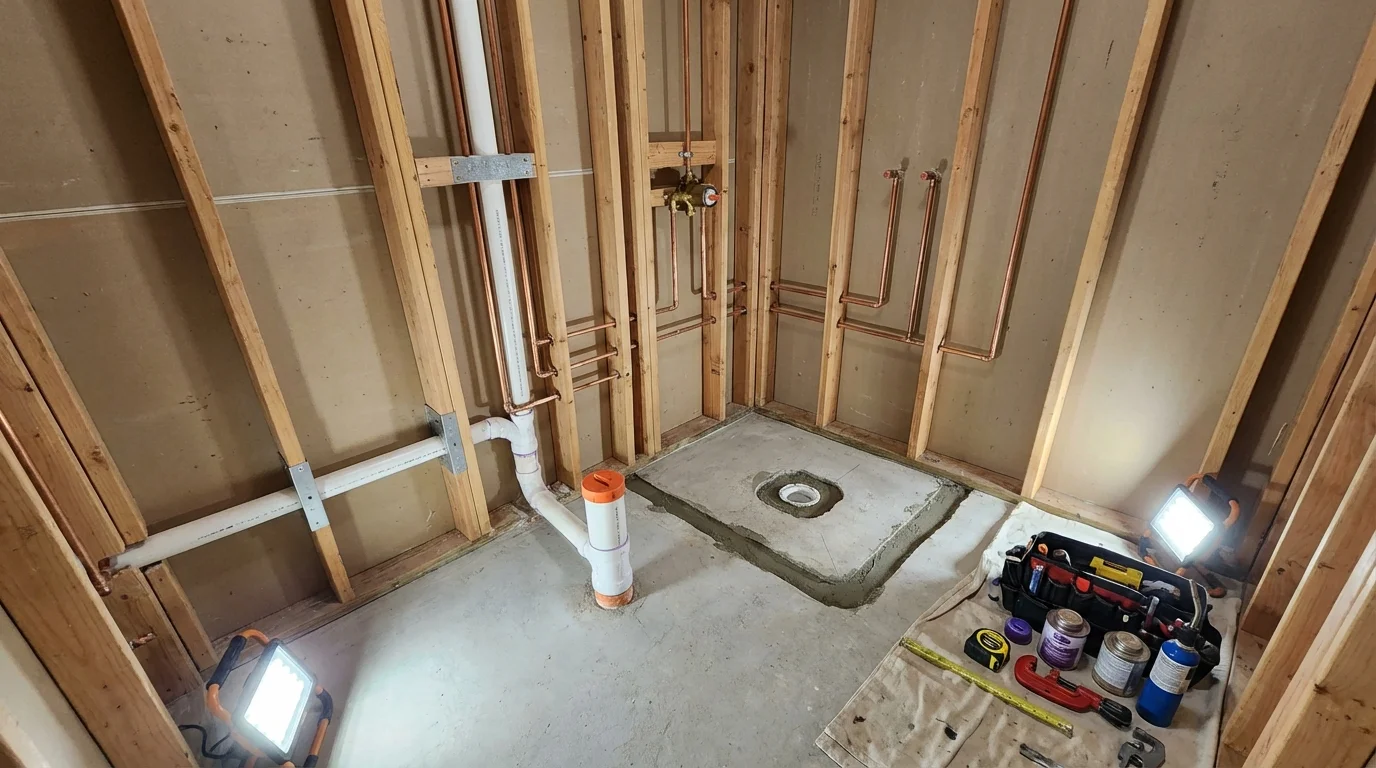 Bathroom rough-in plumbing during remodel by Johns Plumbing LLC in Lake Havasu City