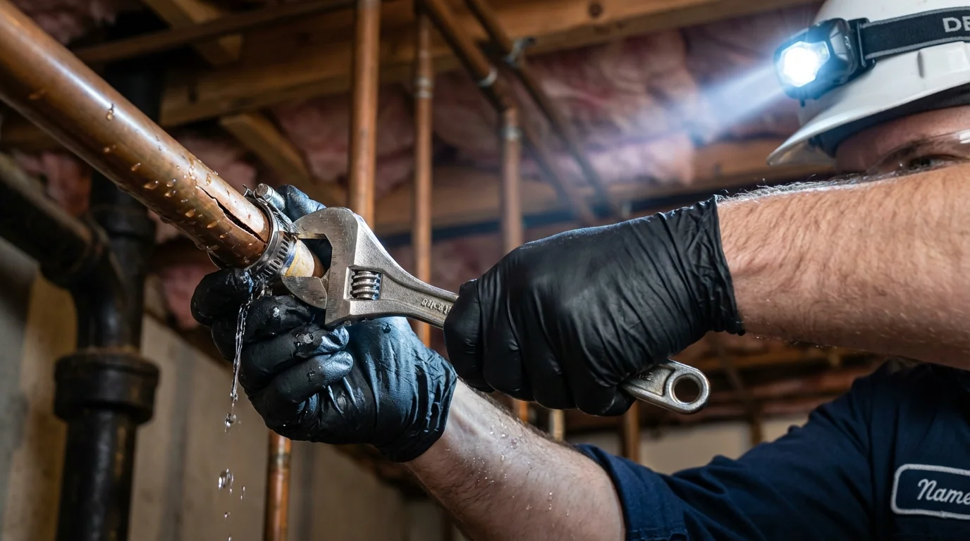 Emergency pipe clamp repair being performed by a Johns Plumbing LLC plumber in Lake Havasu City