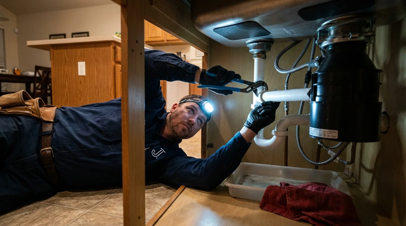 P-trap and supply line connections under a kitchen sink showing a common leak point in Lake Havasu City, AZ